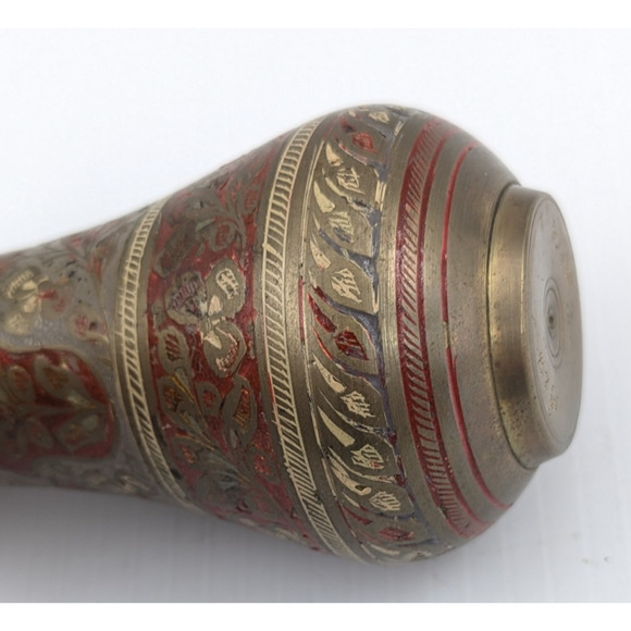 Brass Vase Enameled Floral Ornate Etched Vintage 5" Tall Marked 1923 India - Picture 7 of 9